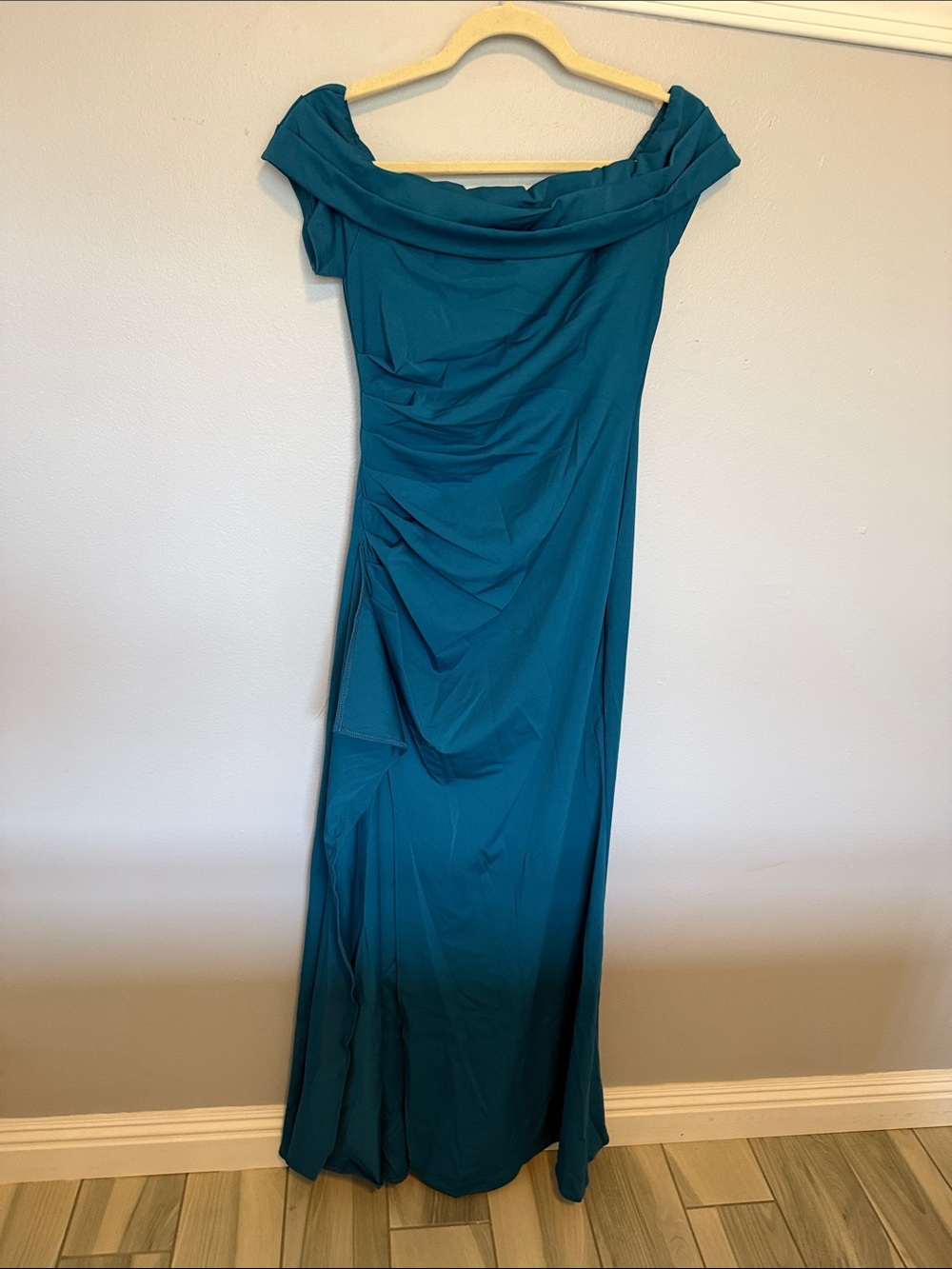 Formal Off-Shoulder Teal (peacock blue) Maxi Dress